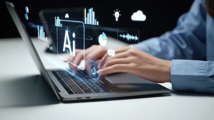AI Data Analysis Hands Typing on Laptop with Artificial Intelligence Concept Overlay, Data Visualization Cloud Computing - Powered by Adobe