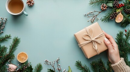 A hand holding a wrapped gift with a blue background adorned with holly, pine cones, and a cup of tea.