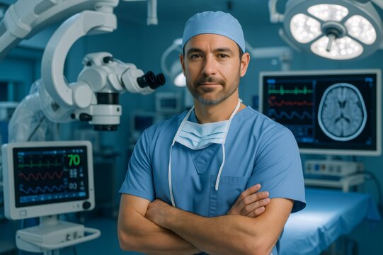 Portrait of a confident neurosurgeon posing with arms crossed in a modern operating room, innovative medical technology ensures patient safety - Powered by Adobe