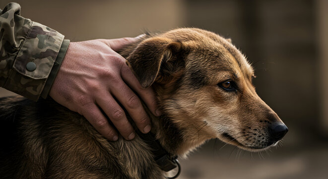 A soldier gently pets a loyal military working dog, showcasing a heartwarming bond of companionship and unwavering support in the line of duty.