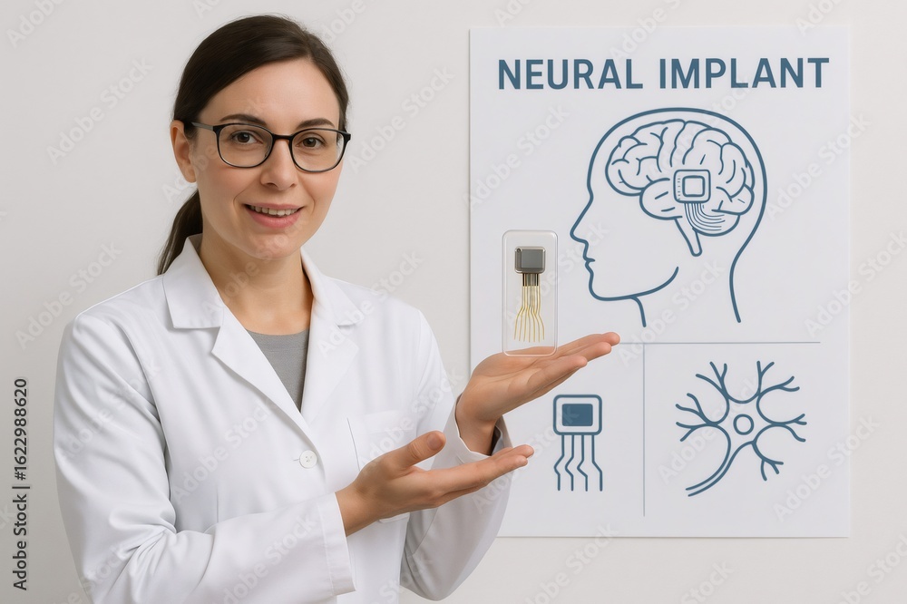 Poster scientist showing a neural chip implant during a presentation about neurotechnology and brain surger