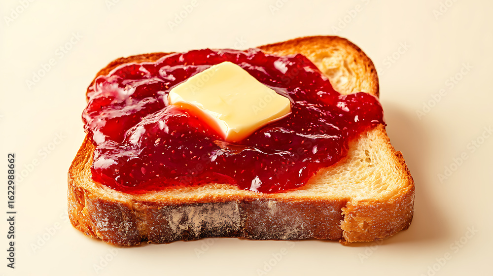 Poster toasted slice of bread topped with a layer of vibrant red fruit preserve, finished with a pat of but