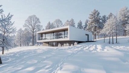 Modern Minimalist House in a Serene Winter Landscape with Frost-Covered Trees