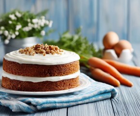 Carrot hazelnut cake, on the table, with space for copying