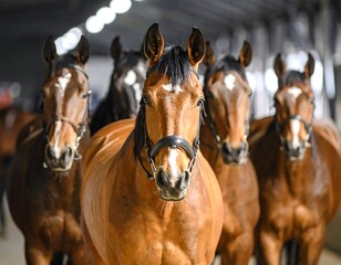 Elegant equine ensemble showcasing chestnut horses in close formation with noble demeanor