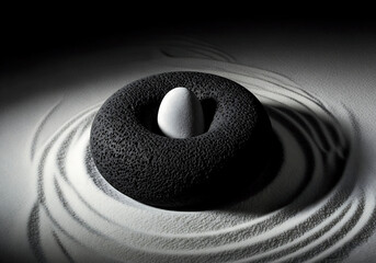 Abstract Zen Garden with a White Egg-Shaped Stone in a Black Lava Rock on Raked Sand