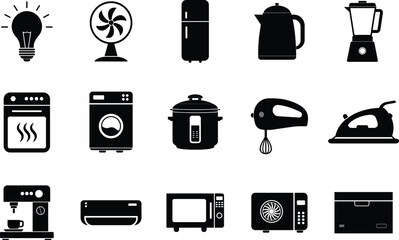 Minimal Black Household Appliance Icon Set, Vector Home Electronics Symbols