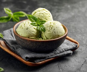 Homemade basil ice cream in ceramic bowl, on table, with copy space.