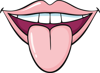 Cartoon illustration of an open mouth with a sticking out tongue.