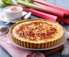 Rhubarb custard tart, on the table, with space for copying