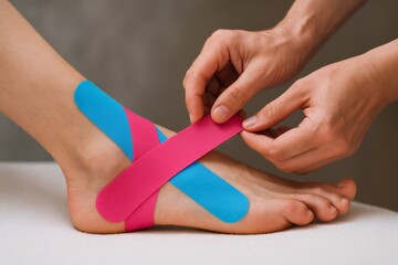 Doctor applying vibrant kinesio tape to a female patient's ankle, providing pain relief and support during her rehabilitation process