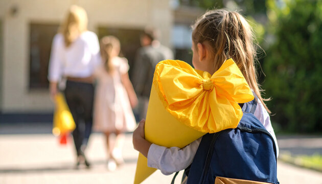 M&auml;dchen mit Rucksack und gro&szlig;er gelber Zuckert&uuml;te auf dem Weg zur Schule | Einschulung, erster Schultag, Schulstart