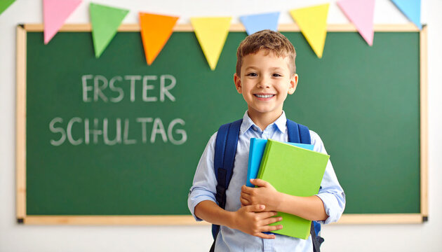 Schulkind mit B&uuml;chern vor Tafel mit &bdquo;Erster Schultag&ldquo; &ndash; Junge mit Ranzen zum Schulanfang