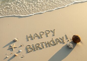 Happy Birthday Message Written in Sand on a Beach. Generative Ai