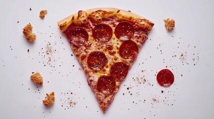 A single slice of pepperoni pizza on a white background with crumbs and seasoning.