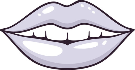 A stylized illustration of open lips with visible teeth, rendered in shades of gray and white.