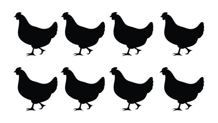 Eight black chicken silhouettes walking fowl poultry