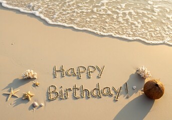 Happy Birthday Message Written in Sand on a Beach. Generative Ai