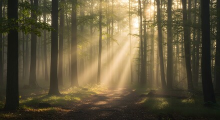 Obraz premium Sunlight streams through a dense forest, illuminating the trees and path.