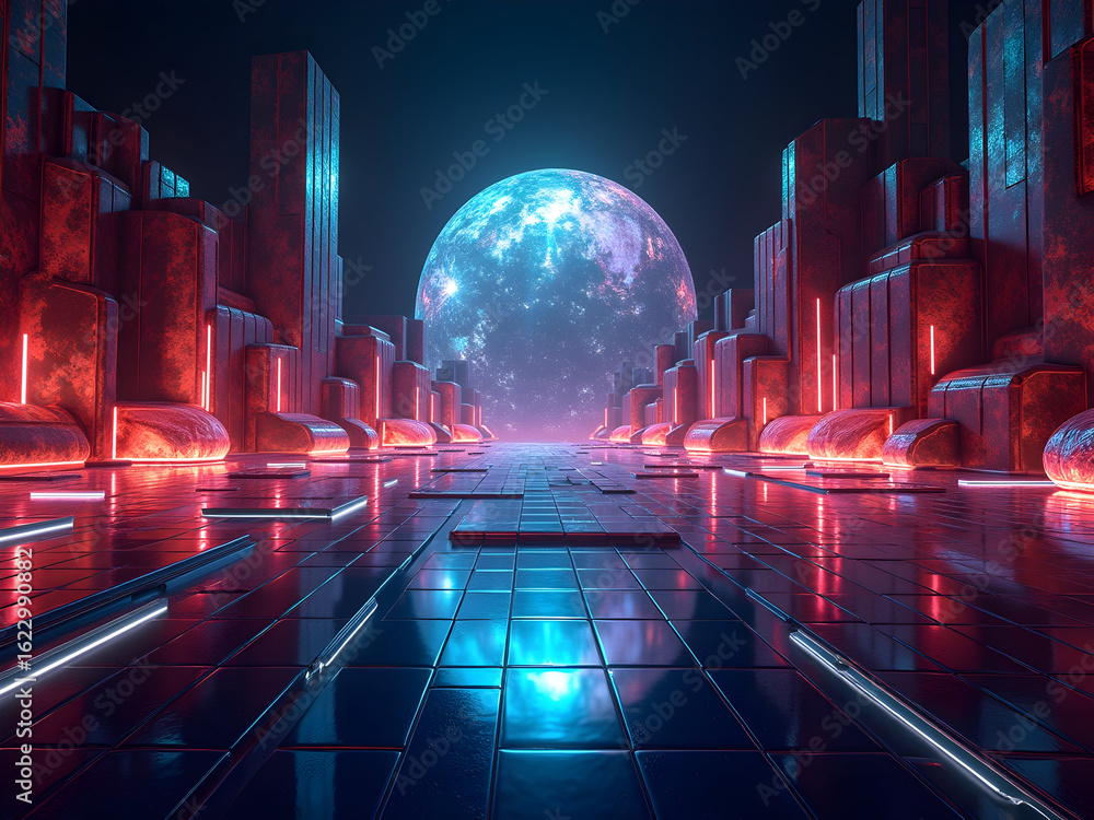 Poster a captivating digital metropolis, intricate structures and celestial sphere create a futuristic and 