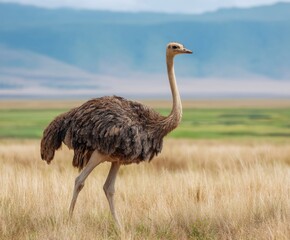 A male ostrich walks in the wild.