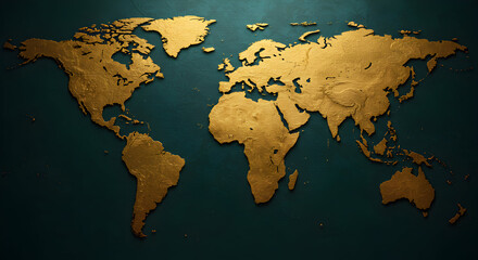 A luxurious gold textured world map on a deep teal background, perfect for adding a touch of sophisticated global flair to your home or office decor.