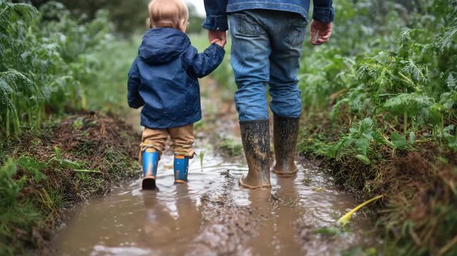 Father and Child Exploring Muddy Forest Path