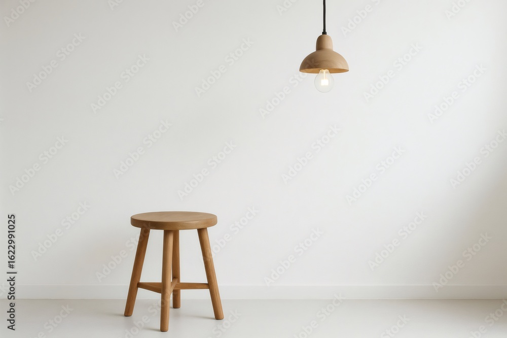 Poster wooden stool and hanging lamp create a minimalist atmosphere in an empty room, ideal for showcasing 