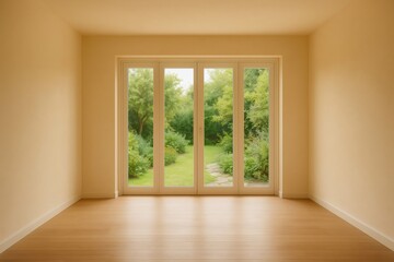 Fototapeta premium Sunlight illuminating empty room with parquet floor and french windows showing a beautiful garden in the background