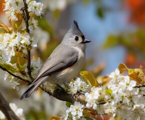 Black-Crested Titmouse perched in a flowering tree, in the wild