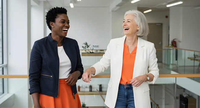 Two successful businesswomen laugh together in a modern office building hallway, showcasing diversity and collaboration in the workplace.