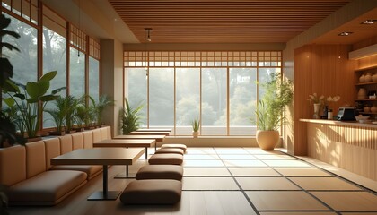 : Serene Japanese-Inspired Cafe: Natural Light, Wood, and Greenery