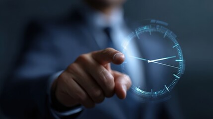 Punctuality and Precision: A focused business person extends a gesture toward a luminous clock face, highlighting the essence of efficiency and timely execution.