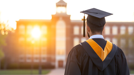 Graduate in cap and gown gazes at campus building silhouetted by the setting sun, symbolizing academic achievement and new beginnings.