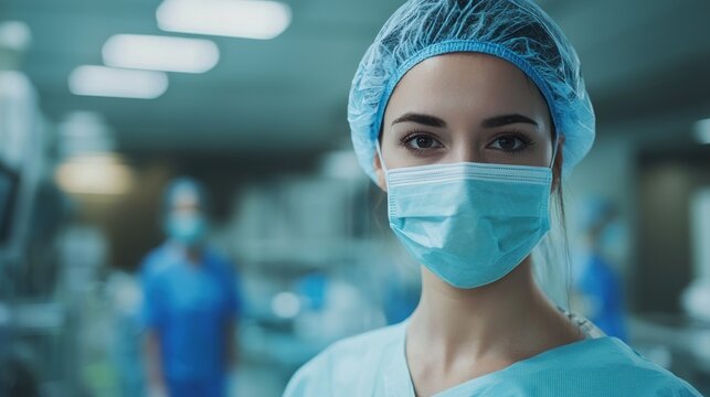 A female healthcare professional in a hospital setting, wearing a blue surgical cap and mask, with a blurred background of medical equipment and other healthcare workers.