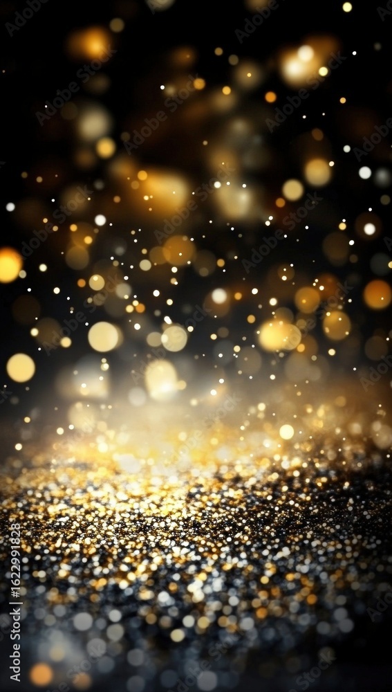 Poster a mesmerizing display of shimmering gold and white particles against a dark background, creating a m