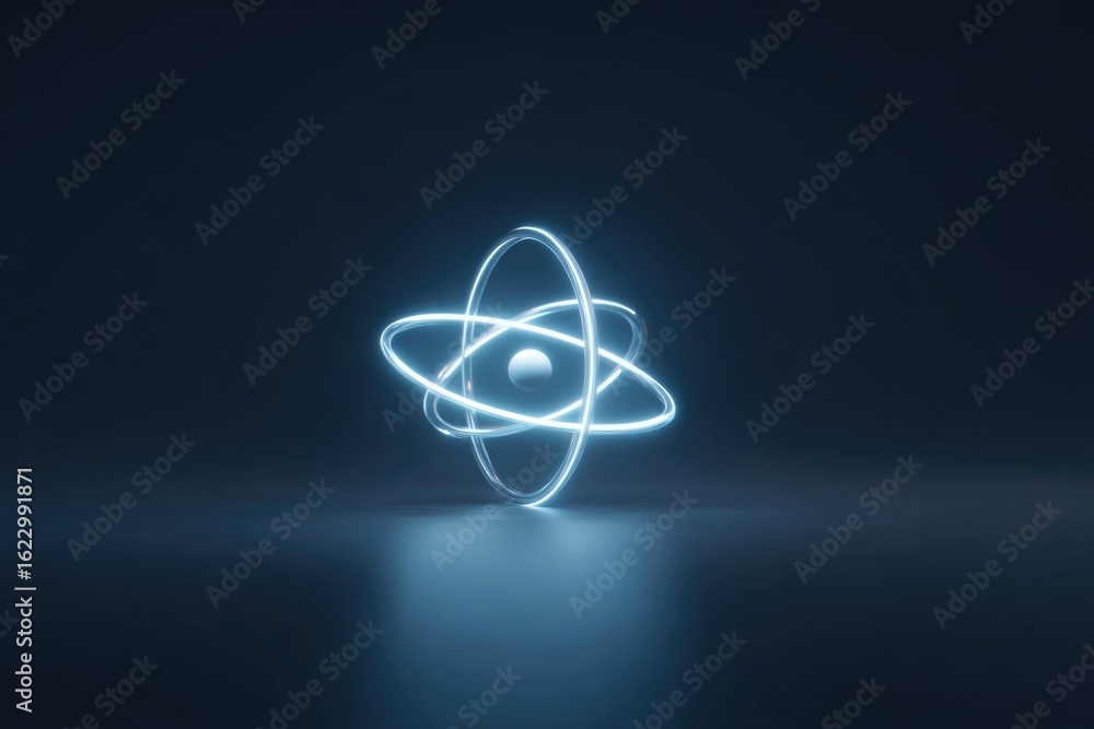 Poster glowing atom model with dynamic orbits on dark background create
