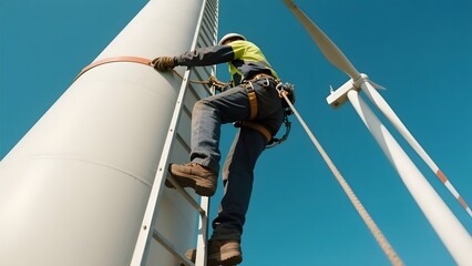 Worker climbing a wind turbine ladder under clear blue sky
