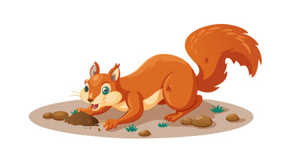 Mischievous Squirrel Burying Nuts - Whimsical Vector Illustration