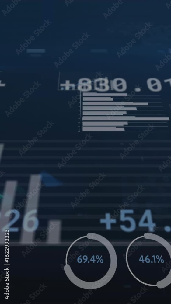 Poster animation of statistics and financial data processing on blue background