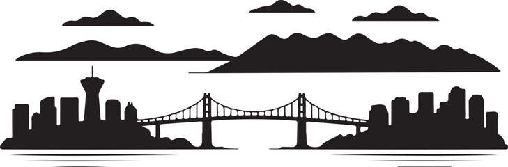 Black Silhouette of Vancouver Skyline with Harbour Centre and Lions Gate Bridge