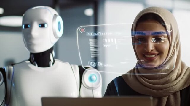 Futuristic Collaboration Muslim Woman Robot Working with Augmented Reality Interface, AI Integration in Business.
