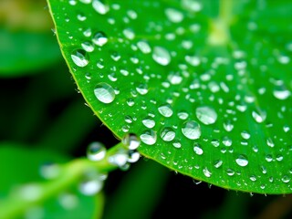 Close-Up of Raindrops and Morning Dew on Fresh Leaves – Nature Macro in Soft Light (AI Generated)