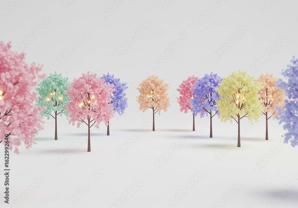 Poster row of colorful trees with lights, 3d render.