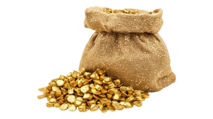 Gold nuggets spilling out of a burlap sack on an transparent background