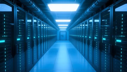 Modern Data Center with Rows of Server Racks and Blue Lighting