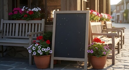 Charming cafe storefront with a blank chalkboard mockup sign on a cobblestone street, ideal for menu or message display.