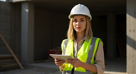 Confident female engineer using tablet at construction site, overseeing progress and development of the building project.