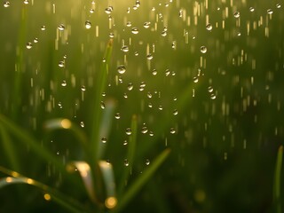 Close-Up of Raindrops and Morning Dew on Fresh Leaves – Nature Macro in Soft Light (AI Generated)