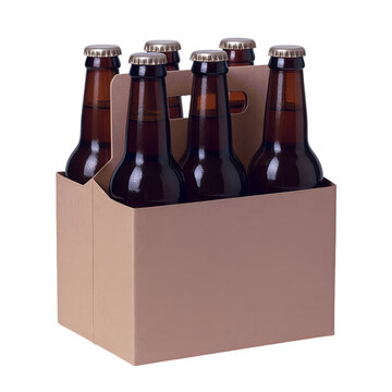 Six pack of brown beer bottles in a cardboard carrier on dark backdrop